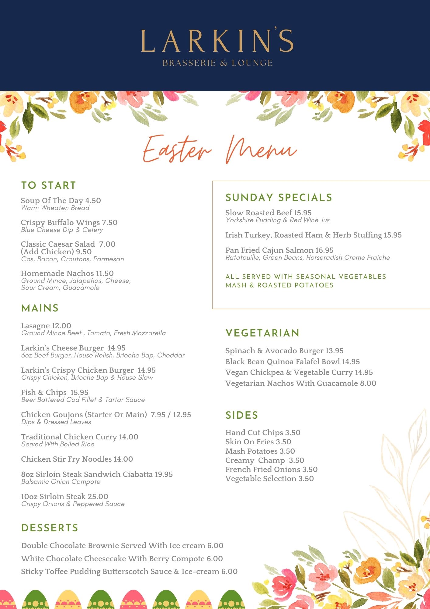 Larkin's Easter Sunday Menu Larkins Brasserie & Lounge